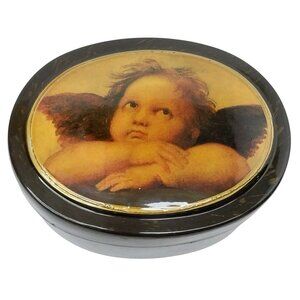 Vintage Laquered Oval Trinket Box Raphael Angel Cherub Gold Swirl Finish